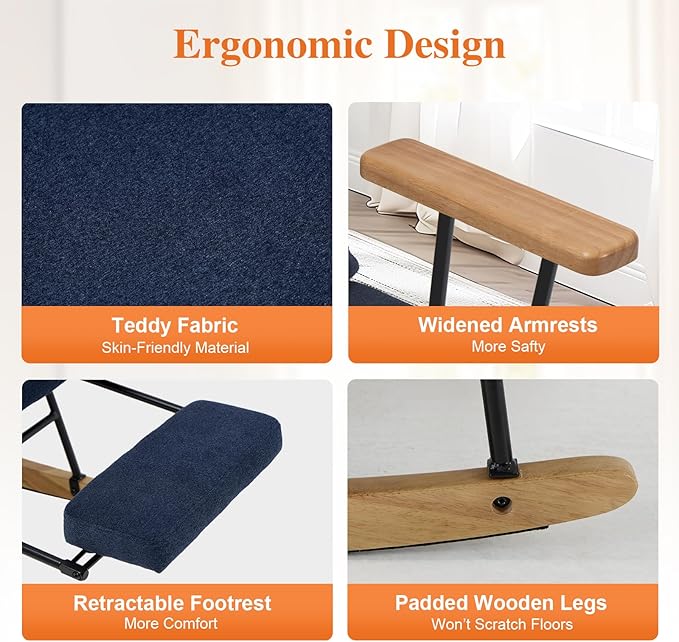 Rocking Chair with Footrest-Glider Rocker Chair with Retractable Footrest and Adjustable Backrest, Teddy Upholstered Rocking Chair, Modern Accent Chair for Living Room/Nursery/Bedroom/Outdoor-Blue