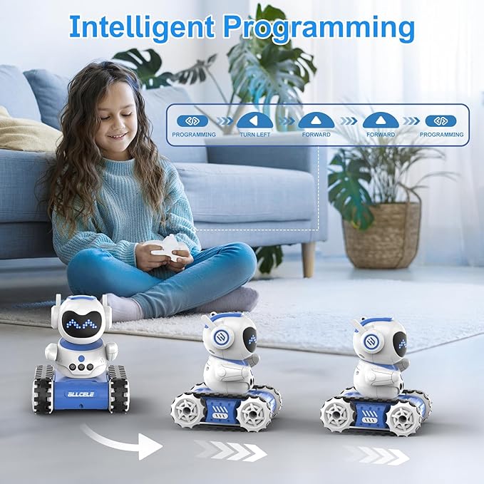 ALLCELE Robot Toy, LED RC Robot Toys, RC Robot for Boys and Girls with Walkie Talkie, Programming, Music, Demo and LED Function, Remote Control Robot Toy, Gift for Kids 3-8 Years Old Blue White