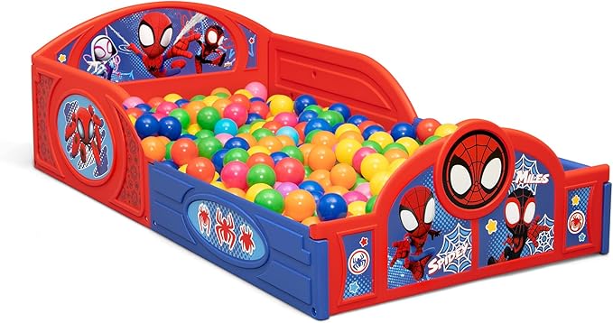Delta Children - Marvel Spidey and His Amazing Friends 4-Piece Toddler Room-in-a-Box Set – Includes Sleep and Play Toddler Bed, Table, 1 Chair and Toy Box, Blue/Red