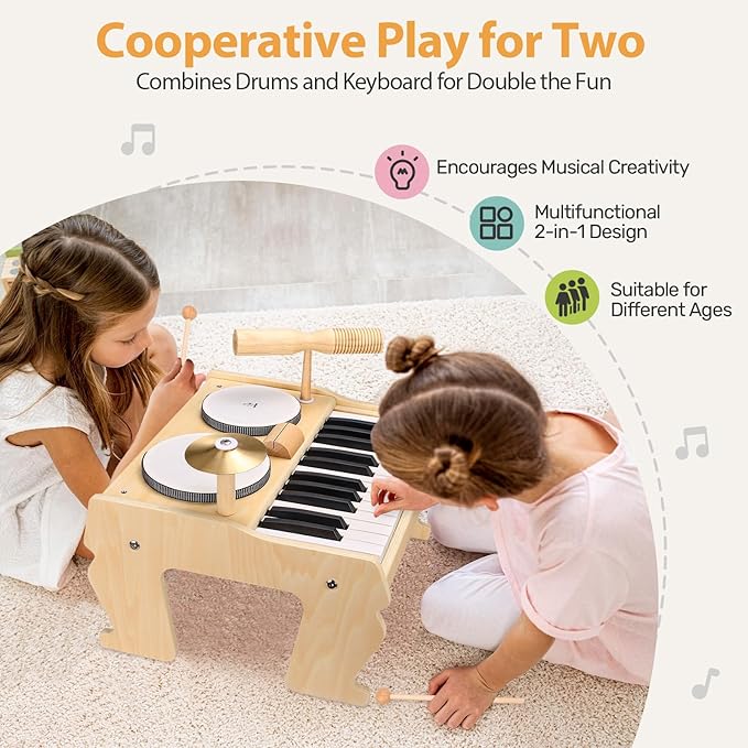 OATHX Kids Piano Keyboard, 25 Keys Digital with Drum Set and Volume Adjustable, 6 in 1 Musical Instruments for Kids Toddlers Baby Children, Wooden Mini Piano Gifts for Girls Boys Ages 3+