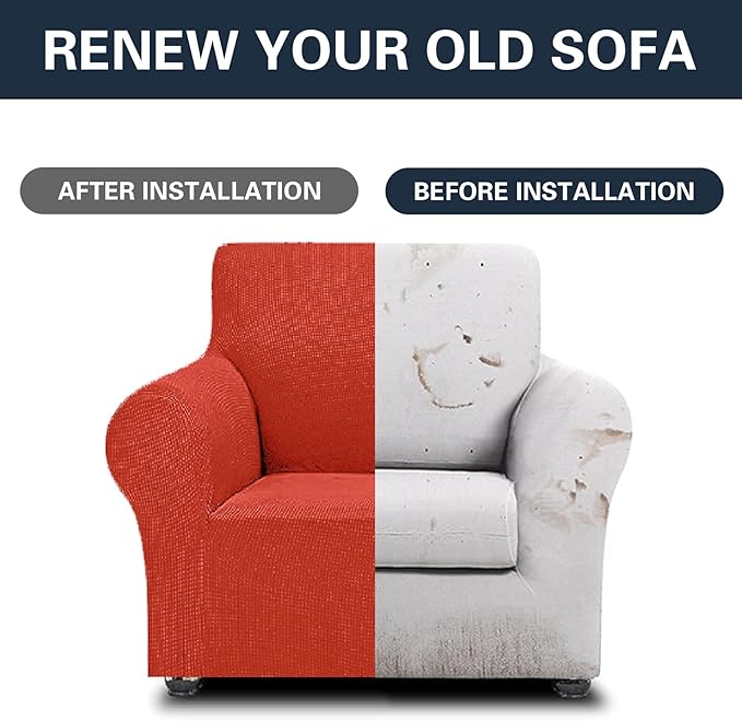 2025 New Stretch Chair Sofa Slipcovers Couch Cover for 1 Seater Furniture Protector Sofa Covers with Elastic Bottom Jacquard Fabric Small Checks for Pets, Kids - Pureed Pumpkin