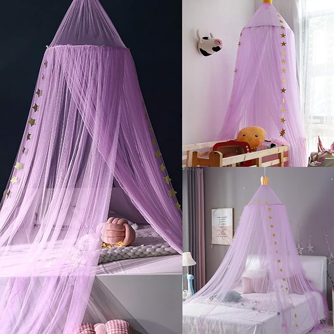 Jolitac Princess Bed Canopy for Girls Room Decor Round Lace Mosquito Net Play Tent Reading Nook Canopies Yarn Girl Dome Netting Castle (New Purple)