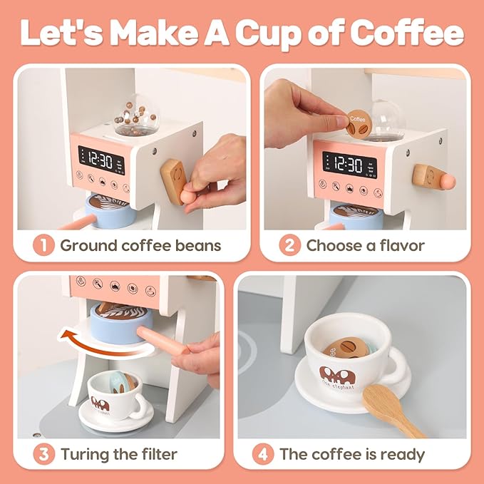 CUTE STONE Wooden Play Kitchen for Kids, Toddler Kitchen Playset with Coffee Machine, Cookware Accessories, Play Sink, Toy Kitchen Set for Boys Girls