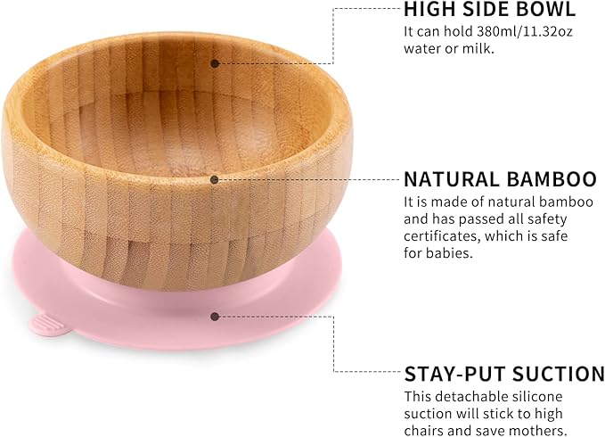 Toddler Bamboo Plates, Bowls and Spoon Set, Wooden Feeding Utensils for Infant’s Easy Self Eating at 1 Stage, Stay Put Silicone Suction Plate and Bowl and Soup Spoon for Baby Led Weaning