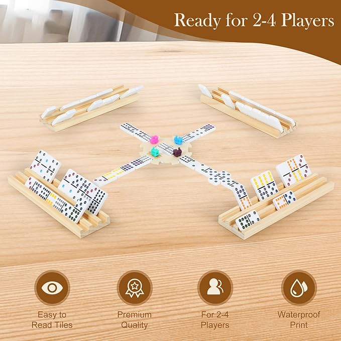 4 Players Games, Mexican Train Dominoes Set with 4 Wooden Racks, 91 Tiles, Portable Case, Double 12 Dominos Set for Adults, Board Game for Adults, Easter Basket Stuffers, Easter Gifts for Men Women