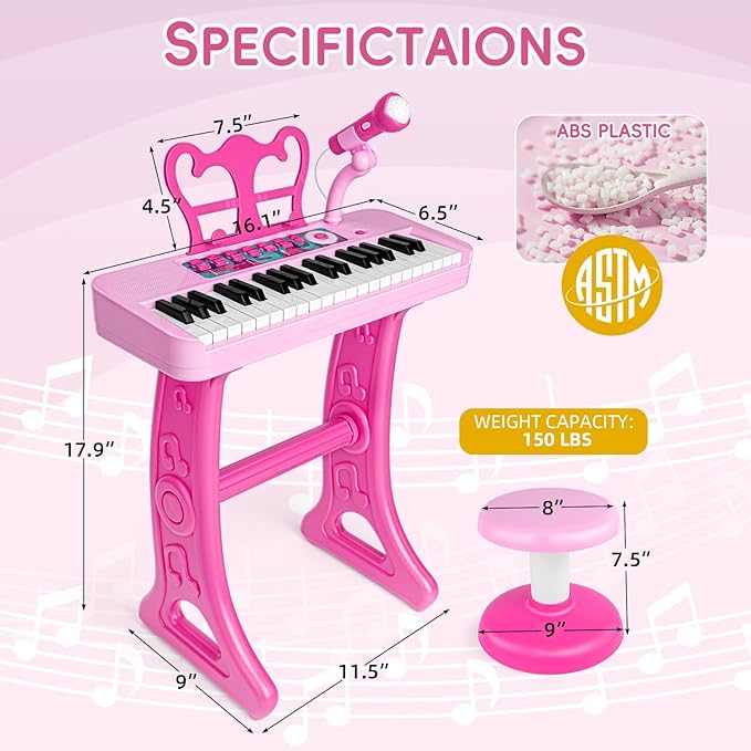 Amy&Benton Birthday Gift for 3 4 5 6 7 Year Old Girls Piano Toy with Stood for Girls 3-5 Pink Music Keyboard Toy 37 Keys with Chair