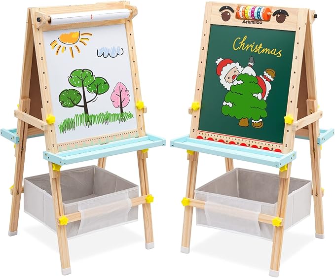 Kids Easel with Paper Roll Double-Sided Whiteboard & Chalkboard Standing Easel with Numbers and Other Accessories for Kids and Toddlers (with Abacus)