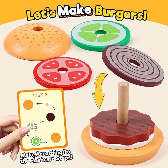 Kizh Wooden Burger Sorting Stacking Toys for Toddlers Preschool Montessori Educational Toys Fine Motor Toys for Kids Boys Girls