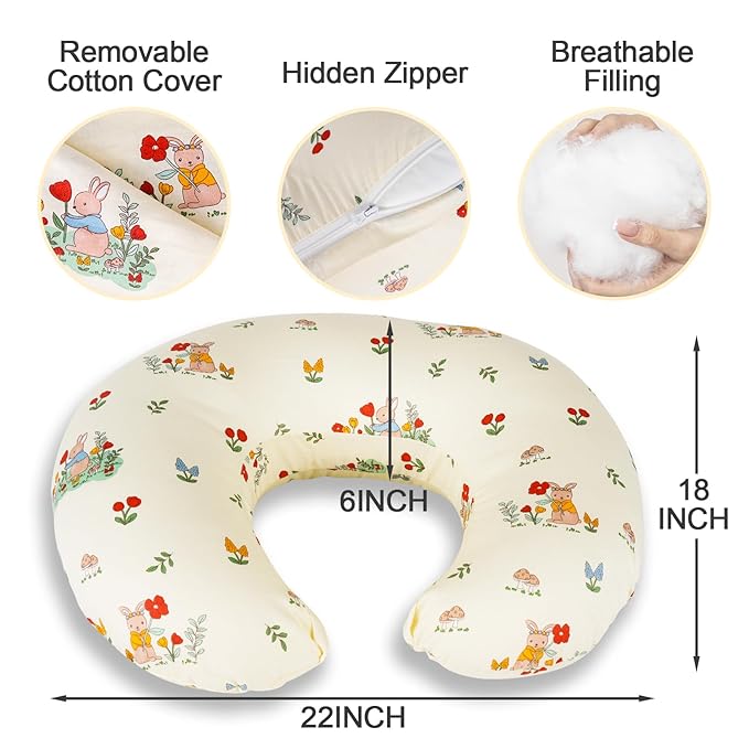 Nursing Pillow, Breastfeeding Pillows with Standard Size Removable Cover, Breast Feeding Pillow with Breathable Filling, Ergonomic Nursing Essentials for Bottle and Breastfeeding- Bunny