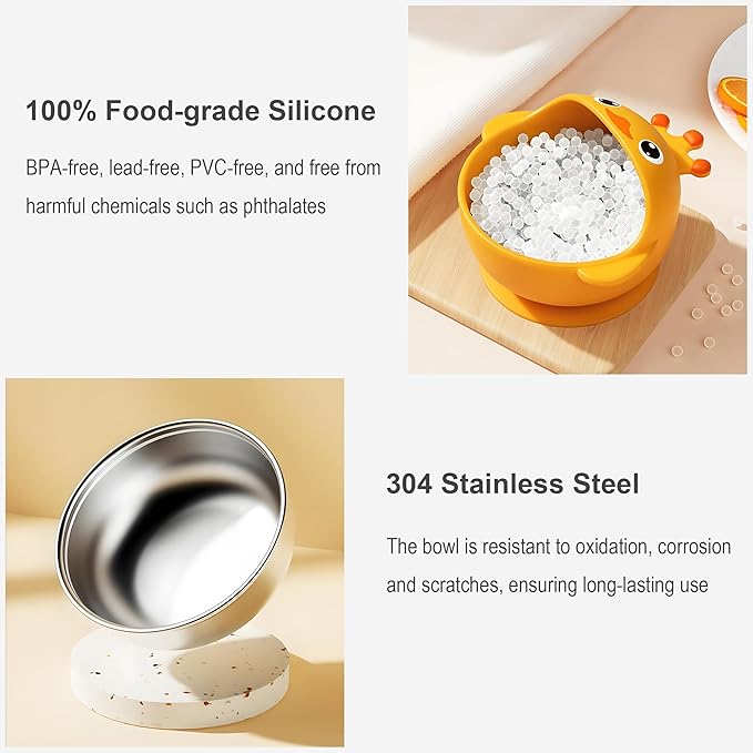 Suction Bowls Set for Baby Feeding，Yellow Duck Silicone Suction Baby Bowl and Food-Grade 304 Stainless Steel Bowl with Fork and Spoon,Dishwasher Safe