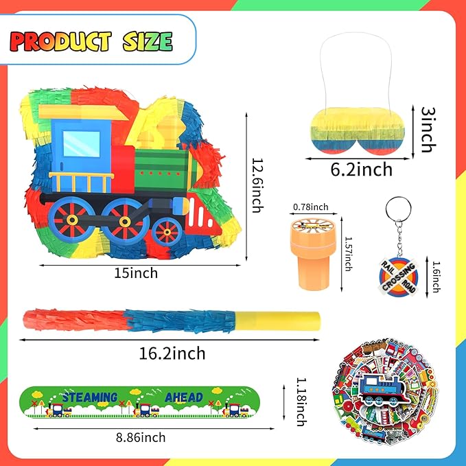 3D Train Pinata Set, Train Themed Birthday Party Game Supplies, Include Stickers Stamps Keychains Slap Bracelets, Train Party Decorations for Kids, Train Pinata for Boys Birthday Party Favors