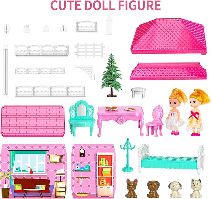 TEMI Villa Toys for 3-8 Years Old Girls - 2 Storeys 4 Rooms Indoor Playset with 2 Dolls, Furniture and Accessories, Pretend Girls Plays, Building Toys, Gifts for Kids 3-5