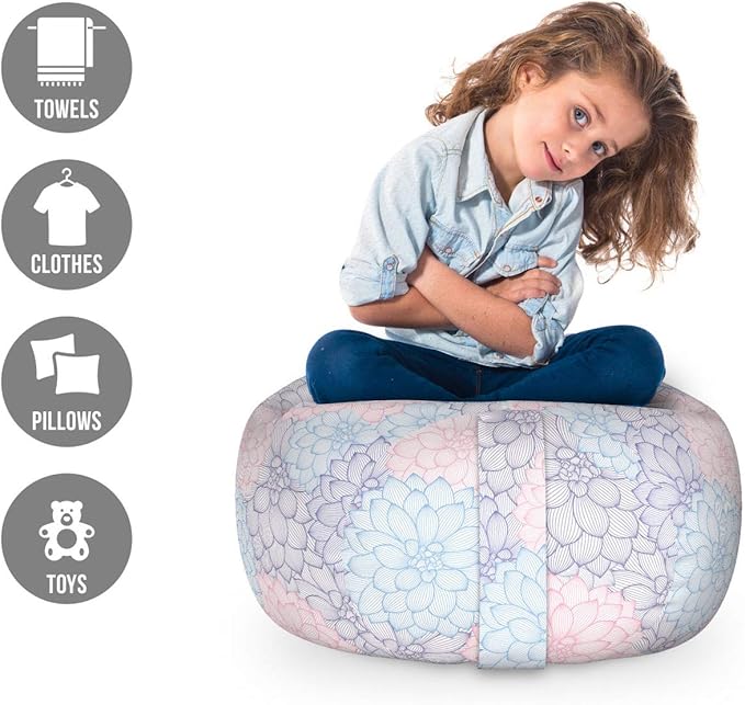 Ambesonne Dahlia Storage Toy Bag Chair, Stripy Hand-Drawn Dahlia Pale Colored Blossoms in Pink Purple and Blue, Stuffed Animal Organizer Washable Bag, Small Size, Green