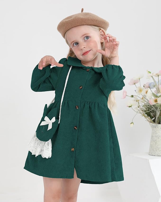 Mioglrie Toddler Baby Girl Dress 2T 3T 6 12 18 24 Months Fall Winter Clothes Outfits Dresses with Cute Satchel for Baby