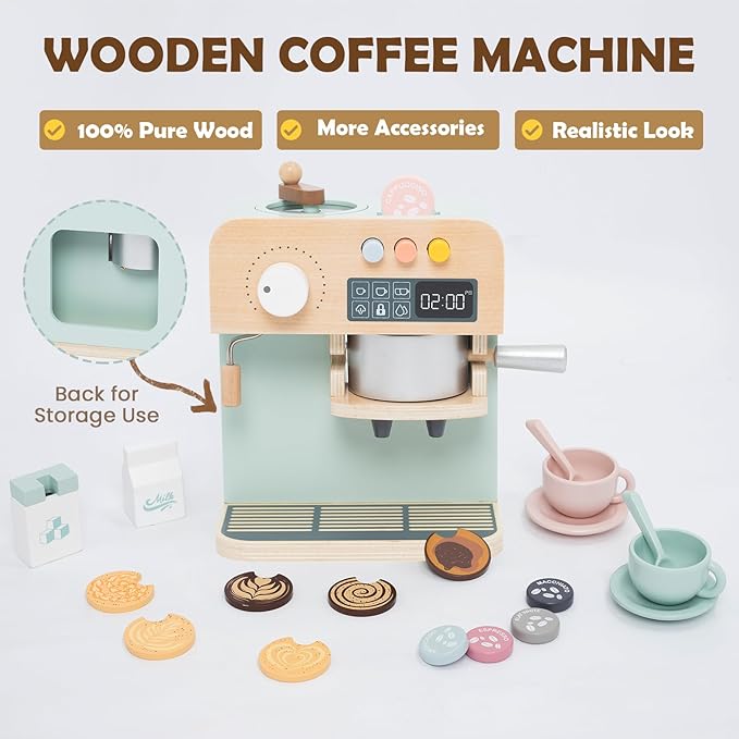 Kids Coffee Maker Playset, 23PCS Wooden Kitchen Toys, Play Kitchen Accessories for Toddler, Espresso Machine Playset Montessori Kitchen Toy, Gift for Boys and Girls 3 4 5 Years