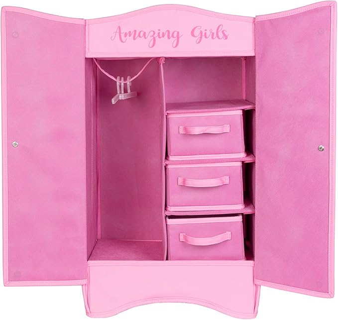 Adora Premium Quality Doll Closet, Pink Doll Wardrobe with Six Shelves, Large Drawer and Mirrored Door, Fits Most Dolls Up to 18 ", Birthday Gift for Ages 6+