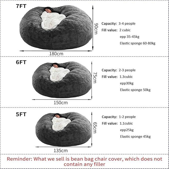 Bean Bag Chairs for Kids Comfy Fluffy Big Joe Bean Bag Chair Cover Without Filler Round Sofa Chairs for Bedroom Living Room Decor, 5FT, Orange