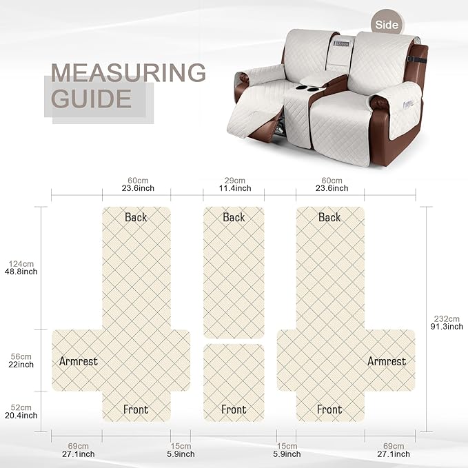 KinCam 100% Waterproof Recliner Loveseat Cover with Console, Non-Slip Reclining Couch Covers for 2 Seat, Recliner Sofa Cover Furniture Protector with Elastic Straps for Kids, Pets, Beige