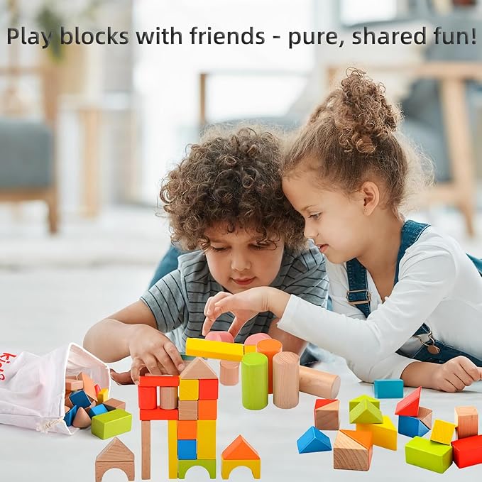 80pcs Wooden Building Blocks Set for Toddlers - Natural & Colorful Stacking Blocks with Carrying Bag - Educational Preschool Montessori Learning Toys - Perfect for Kids Ages 18 Months up