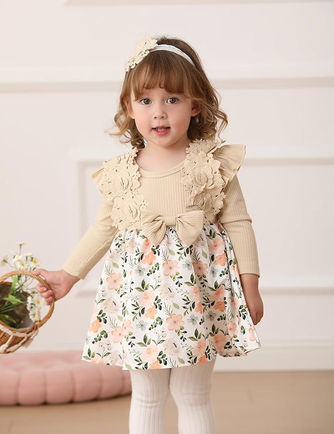 Baby Girl Dress Fall Flower Ruffle with Lace Headband Toddler Girls 3M-3T Infant Dresses Winter Baby Girl Clothes