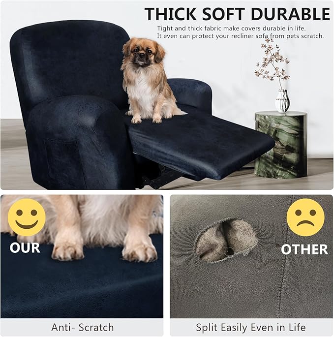 Recliner Chair Covers Leather Like, 4 Pieces Lazy Boy Recliner Cover for Recliner Chair, Soft Sofa Slipcover Furniture Protector Washable Sofa Cover for Pets Kids (X-Large, Navy 1)