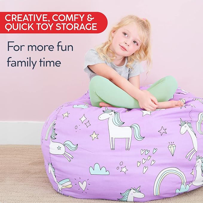 Creative QT Stuff ’n Sit Extra Large 38’’ Bean Bag Storage Cover for Stuffed Animals & Toys, Giant Beanbag Chair for Plush, Toddler & Kids Bedroom Organizer, Dinosaur