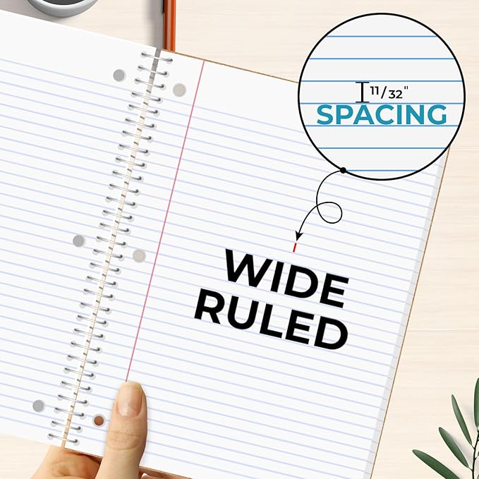 5 Subject Spiral Notebook, 3 Pack, Wide Ruled, Water Resistant Cover, Thick 300 Pages/Book (150 Sheets), 8 x 10-1/2, 3 Hole Punched, Colored Dividers, Assorted Colors, Bulk School & Office