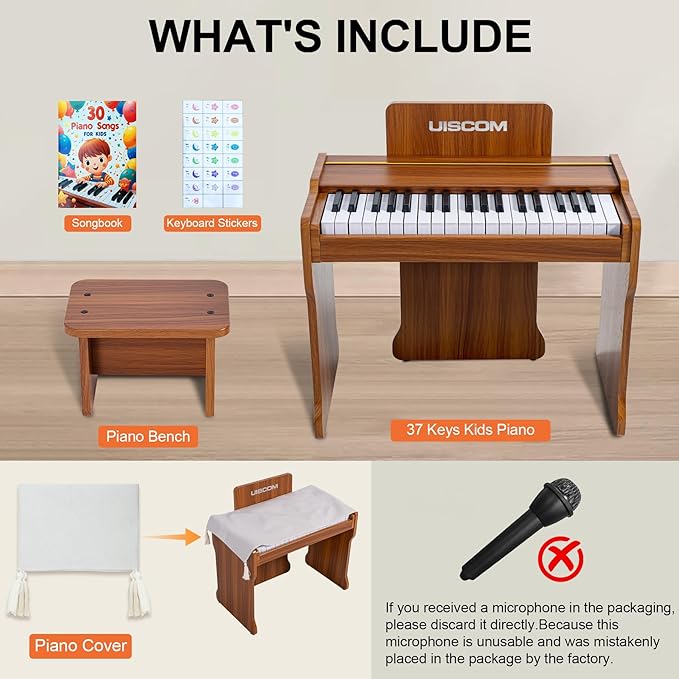 Kids Piano Keyboard, 37 Keys Digital Piano, Toddler Piano for Kids, Mini Baby Piano Toy, Kids Musical Instruments Sets, Wood Piano keyboard for kids Ages 3+,Brown