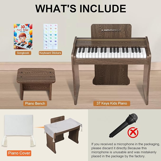 Kids Piano Keyboard, 37 Keys Digital Piano, Toddler Piano for Kids, Mini Baby Piano Toy, Kids Musical Instruments Sets, Wood Piano Keyboard for Kids Ages 3+,Walnut