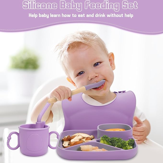 Silicone Baby Feeding Set, Baby Led Weaning Supplies, Silicone Suction Plate, Bowl, Spoons, Fork, Waterproof Bib, Cup and Food Tableware, Eating Utensils Baby Feeding Essentials for 3+ Months