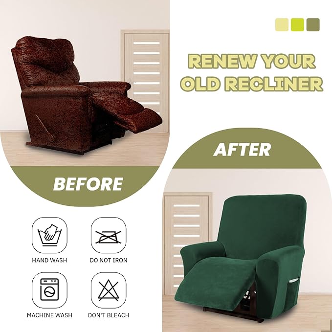 AZON Velvet Stretch Recliner Chair Cover,1-Piece Washable Recliner Couch Cover with Elastic Furniture Protector for Pets, Kids(Recliner, Blackish Green)