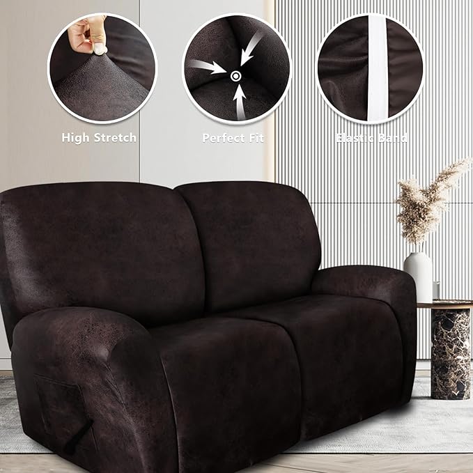 Leather Look Recliner Couch Cover 8-Piece Recliner Sofa Slipcovers 3 Seater for Reclining Couches Furniture Protector Spandex Fabric Washable (Recliner Sofa, Chocolate)