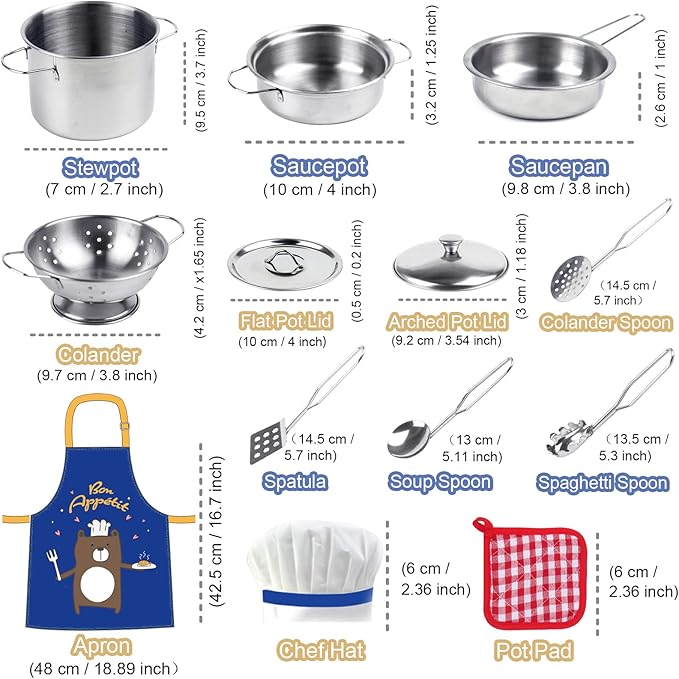 Airlab Kids Pots and Pans Playset for Kids Kitchen Accessories Wooden Play Food Stainless Steel Toys for Toddlers 1-3 Cutting Pretend Toy Bithday Gift