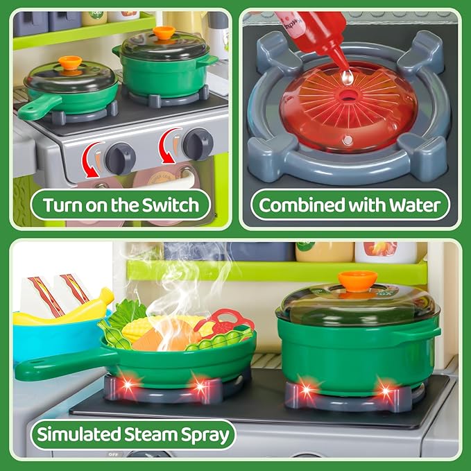 Kids Play Kitchen Set, Toddler Kitchen Playset with Sound & Light, Cooking Stove with Steam, Play Sink, Play Food Toy and Kitchen Accessories, Pretend Kitchen Toy for Kids Girls Boys 1-3