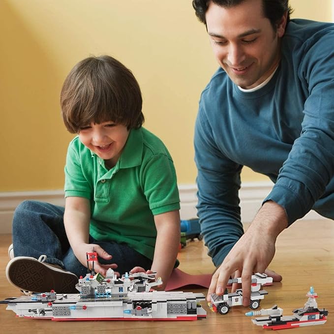 825pc Military Aircraft Carrier Fleet Construction Toy - 8-in-1 Naval Battleship Models with Navy Vehicles, Jets & More - Compatible with Lego Bricks - Storage Case Included