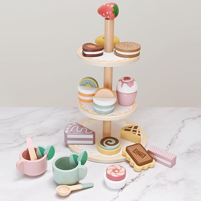19pcs Wooden Tea Set for Little Girls, Toddler Tea Set Wooden Toys Play Kitchen Accessories with Cupcake Stand & Fake Dessert, Kids Tea Party Set Pretend Play Food Birthday Gift Playset