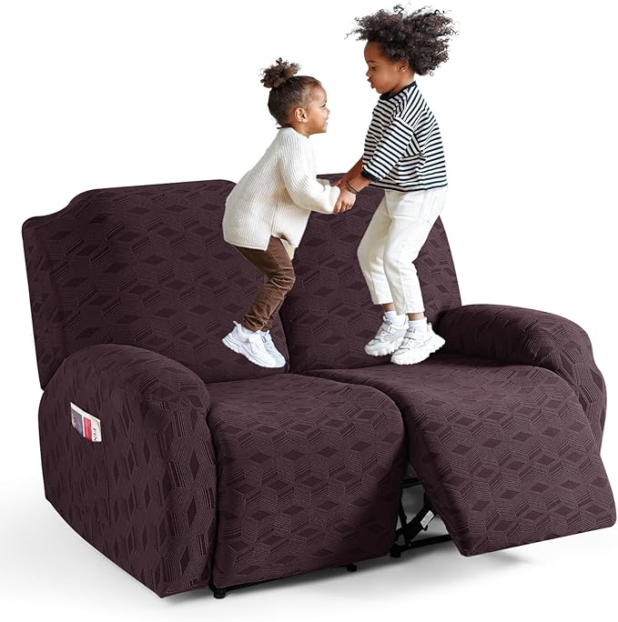 TAOCOCO Recliner Loveseat Cover, Stretch Jacquard Reclining Loveseat Cover Furniture Protector Sofa Slipcovers 2 Seat Recliner Covers with Elastic Bottom for Kids, Pets (Dark Coffee)
