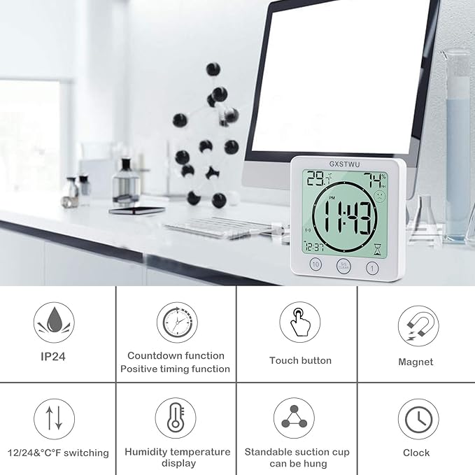 2Pcs Digital Shower Clock, Bathroom Timer Clock, Waterproof for Water Spray, Count Up Count Down Alarm, Touch Screen Timer, Temperature Humidity, Wall Clock Magnet, Suction Cup, Stand (2packs)