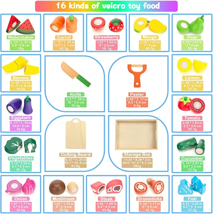 Wooden Play Food Sets for Kids Kitchen Fake Food Cutting Fruits Vegetables and Meat Pretend Play Toddler Toys Food Montessori Toys for 3 4 5 6 7 Years Old Gifts for Boys and Girls