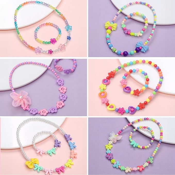 6 Sets Girls Jewelry Princess Flower Necklaces Bracelets for Toddler Girl Princess Costume Dress Up Play Party Favors Toy Gifts for Little Girls Years Old 3 4 5 6 7 8