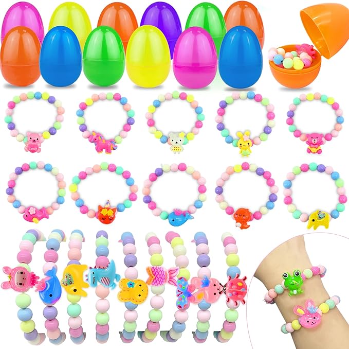 24 Pcs Easter Egg Filled with Bracelets Inside for Girls Toddler Kids, 24 Different Colorful Bead Bracelets Easter Basket Stuffers Gift, Girls Easter Egg Hunt Party Favors Classroom Prize Supplies