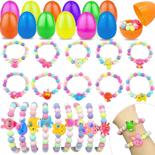 24 Pcs Easter Egg Filled with Bracelets Inside for Girls Toddler Kids, 24 Different Colorful Bead Bracelets Easter Basket Stuffers Gift, Girls Easter Egg Hunt Party Favors Classroom Prize Supplies