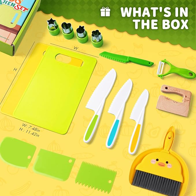 Kids Kitchen Tools,19 Pieces Kids Cooking Sets Real-Montessori Cooking Set for Toddlers Kids Chef Set with Children Safe Knives Cutting Set