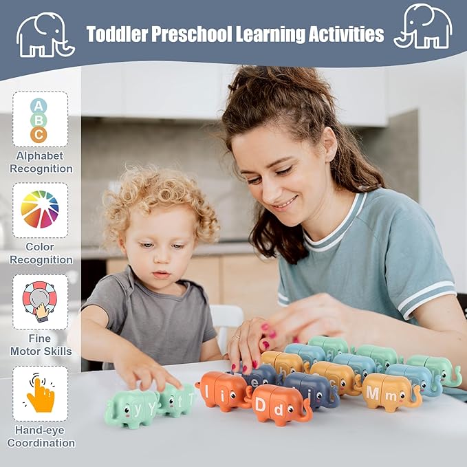 13PCS Elephant Alphabet Learning Toys for Toddlers 2-4, Toddler Preschool Learning Activities, Educational Montessori Toys for 2 Year Old, Double Sided Matching Game A-Z