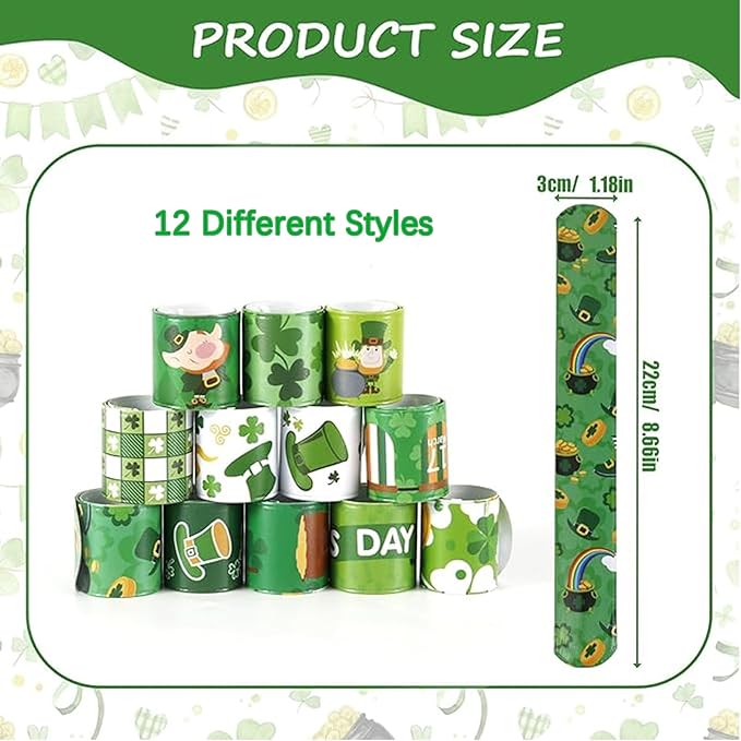 48Pcs St. Patricks Day Party Favors Silicone Bracelets Slap Bracelets Assorted for Kids Girls Boys Toddlers St. Patricks Day School Classroom Exchange Prizes Gifts