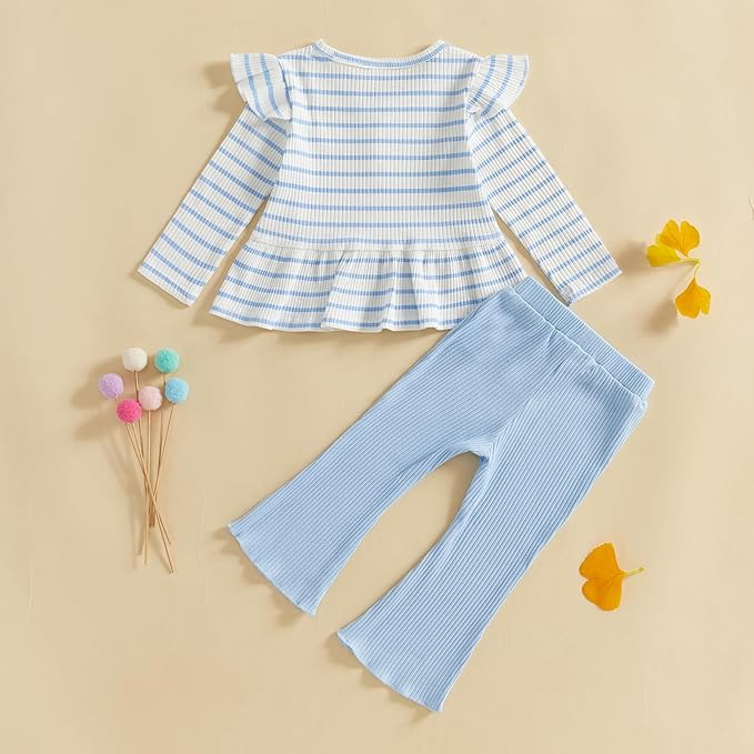 Mubineo Toddler Baby Girl Clothes Cute Ribbed Outfits Knit Long Sleeve Shirt Tops Bell Bottom Pant Fall Winter Outfit