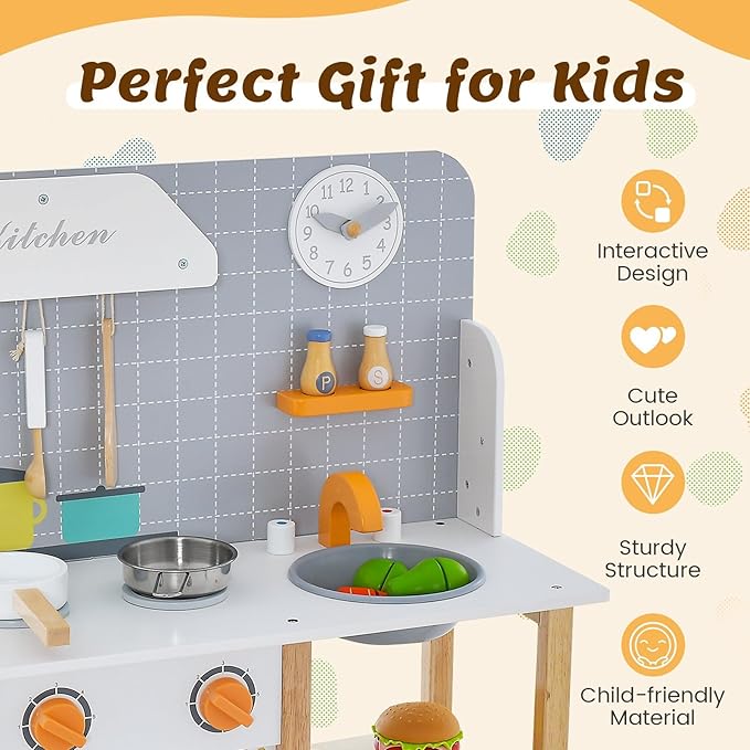 Kids Kitchen Playset, Wooden Play Kitchen with Sink, Stove, Oven, Dish Rack, Storage Cabinet, Cooking Accessories, Little Chef Pretend Play Toy Kitchen Set Gift for Toddler, Boys, Girls