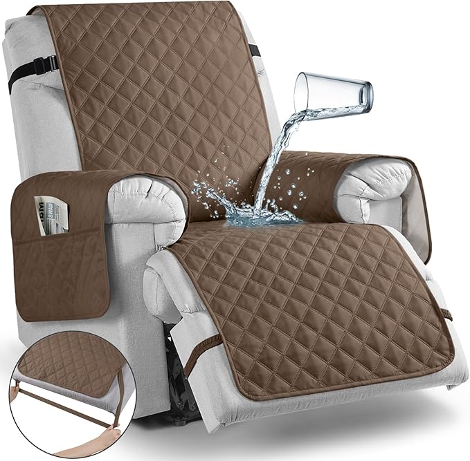 TAOCOCO Waterproof Recliner Chair Covers with Leg Strap 1 Piece Oversized Recliner Covers for Large Recliner for Pets Kids, Washable Reclining Chair Furniture Protector(28'' Oversized, Brown)