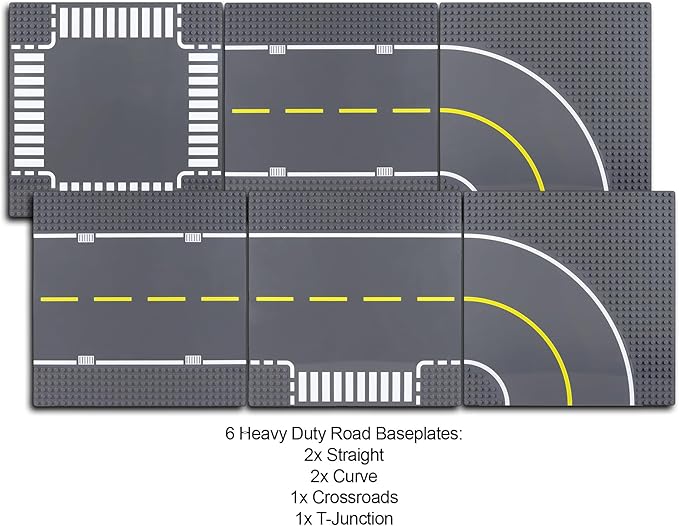 Apostrophe Games Road Baseplate – Premium Building Blocks Base Plates Compatible with All Major Brands – 6pcs Baseplate Gray with Road Design – Straight, Curve, Crossroad, T-Junction