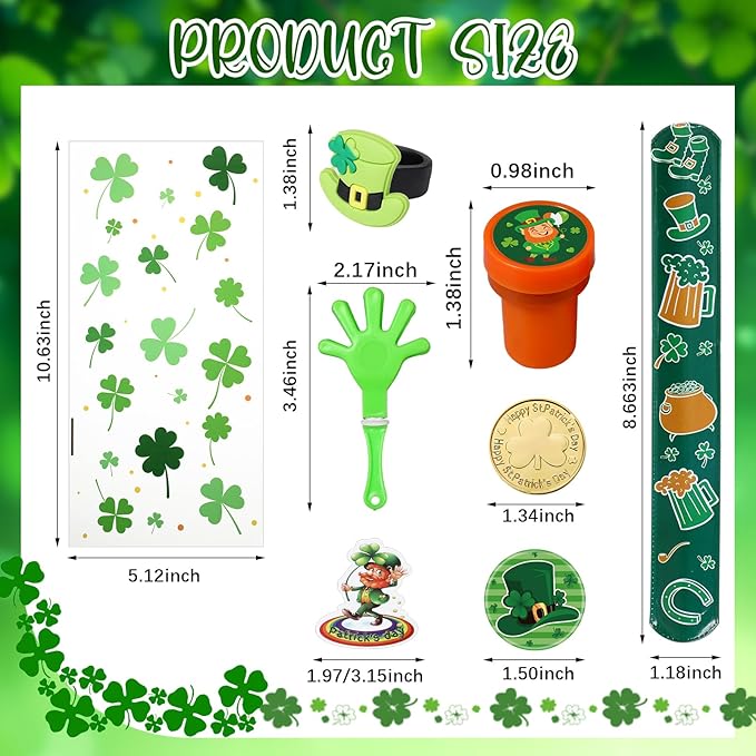 218 Pcs St. Patrick's Day Accessories Party Favors for Kids Include Gift Bag Slap Bracelet Badge Sticker Stamper Ring Hand Clapper Coin, St. Patrick's Day Gifts Irish Party Supplies